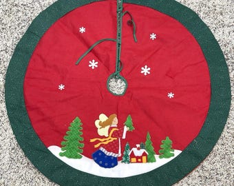 VTG 41" Red Green Felt Angel Applique Christmas Tree Skirt Apron Cottagecore EUC
