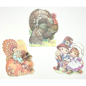 3x VTG EUREKA Paper THANKSGIVING Window Wall Decorations Turkey Pilgrim Indian