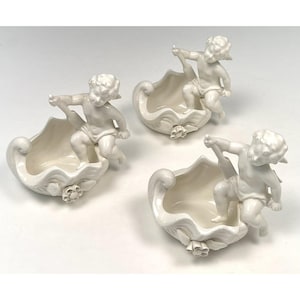 VTG Lot 3 Lenwile ARDALT White Ceramic Cherub Seashell Figurine Dish Japan EUC
