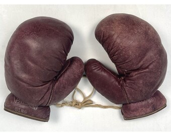 VTG 1950s Spalding Youth 5188 Full Grain Sheepskin Oxblood BOXING GLOVES + Laces