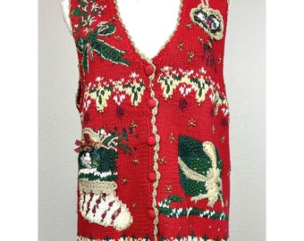 VTG 90s Tiara Womens Petite Medium Not Ugly Red Christmas Stocking SWEATER VEST