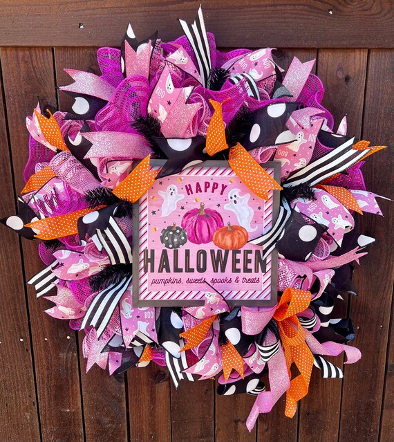 Halloween Wreath for Front Door, Ghost Decor, Halloween Decor, Fall Door Wreath, Pink and Black, Pumpkins, Halloween Mesh Ribbon Wreath
