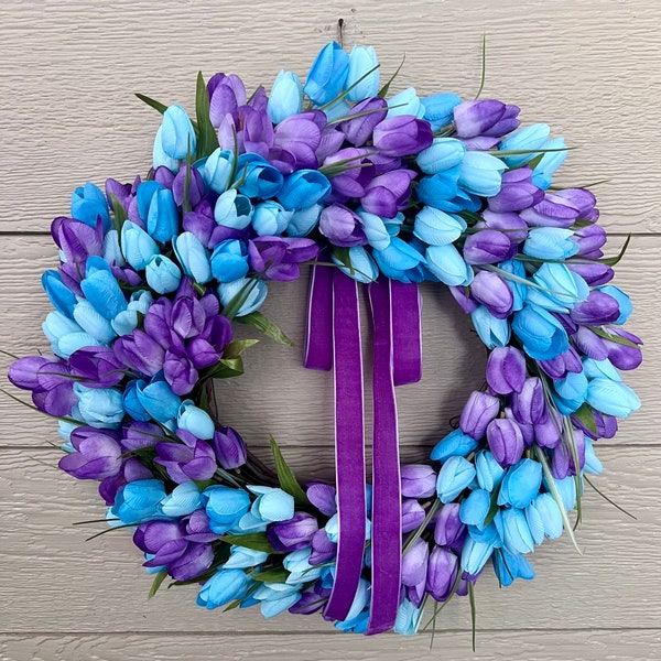 Tulip Spring Wreath for Front Door, Blue and Purple, Summer Wreath, Spring Decor, Mothers Day