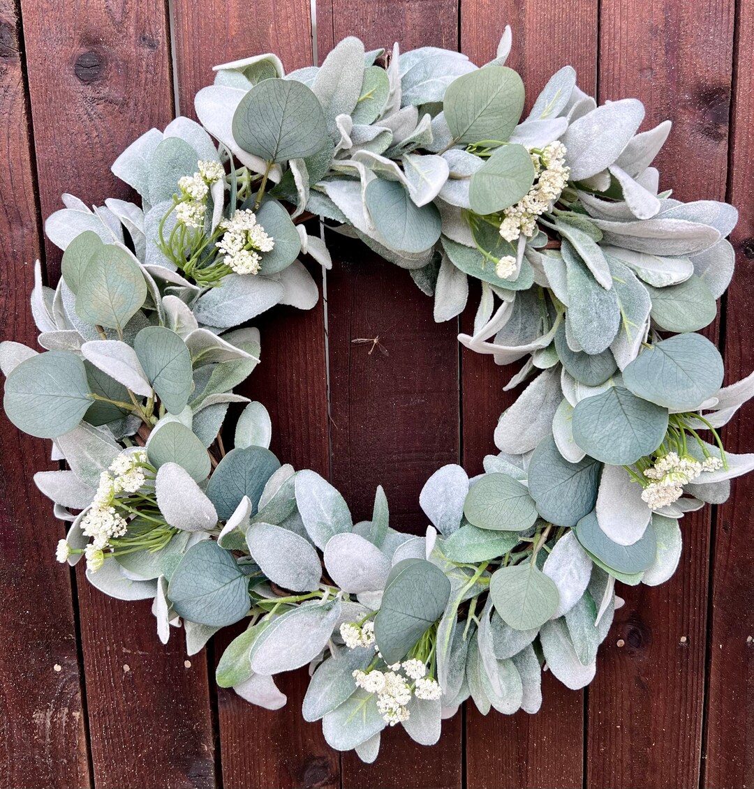 Lambs Ear Wreath With Eucalyptus and Baby’s Breath, Modern Farmhouse ...