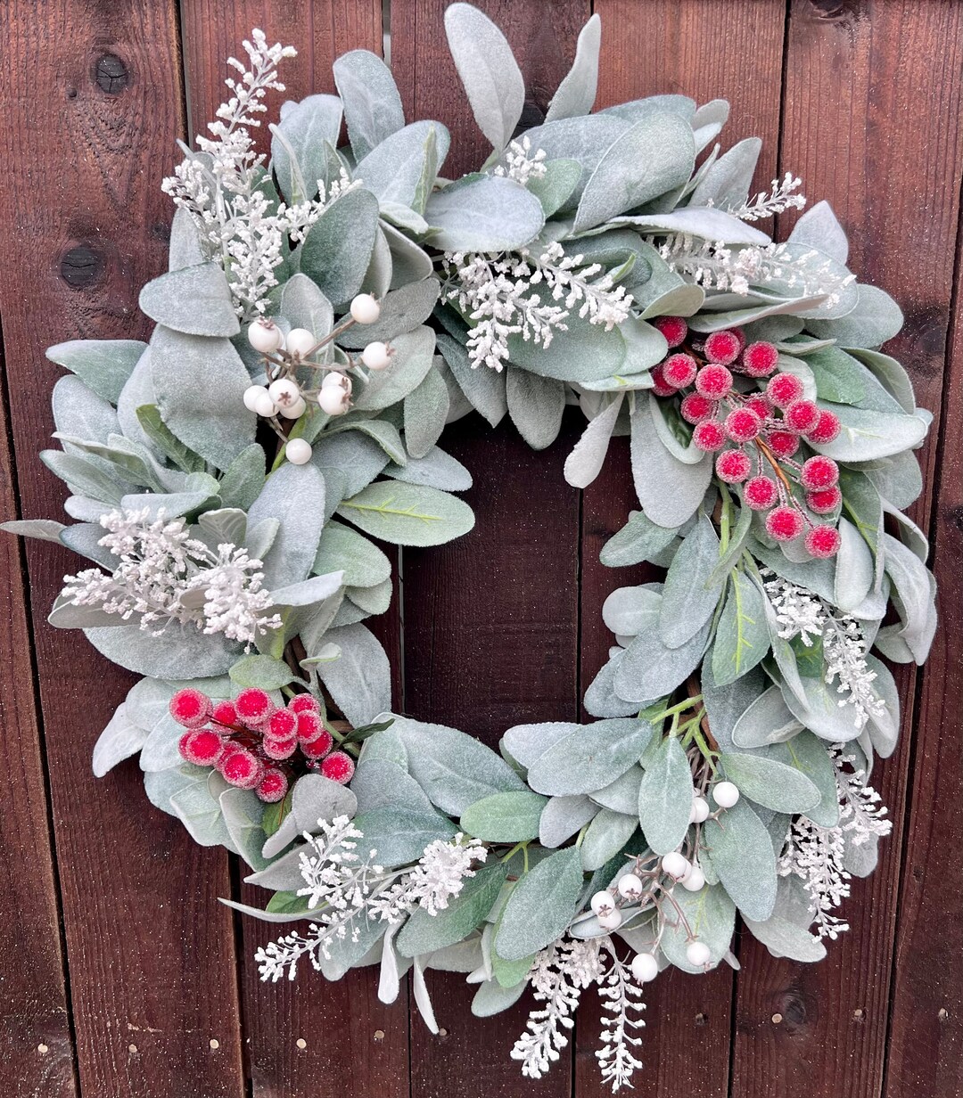 Lambs Ear Winter Wreath Christmas Berries Farmhouse Front - Etsy