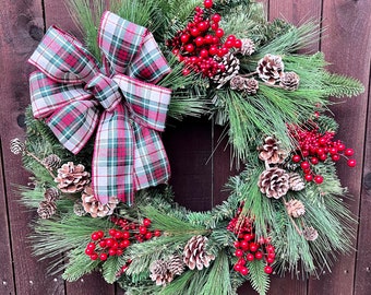Classic Christmas Wreath with Mixed Evergreens, Berries, and Snowy Pine Cones for Front Door, Holiday Wreath, Christmas Decor, Traditional