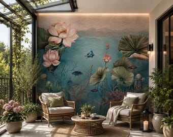 Papel de Parede Lagoa de Lótus | Mural de Parede Botânico Vintage | Papel de Parede de Luxo Jardim Aquático | Papel de Parede Autoadesivo, Linho e Têxtil