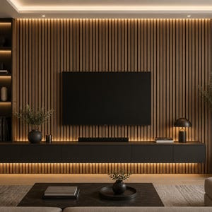 May include: A wall-mounted black media console positioned against a vertical wood slat wall with integrated LED lighting. The setup includes a flat-screen television, a black soundbar, open shelving with decor, a table lamp, and a black coffee table.