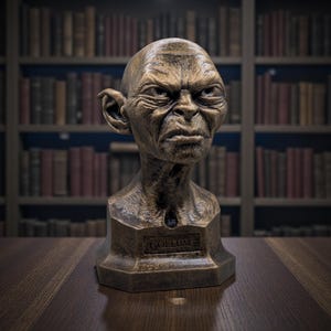 Puede incluir: Un busto de color bronce de Gollum de El Señor de los Anillos, con una expresión severa y rasgos faciales detallados. El busto se asienta sobre una base rectangular con el nombre "GOLLUM" inscrito. El fondo presenta una biblioteca.
