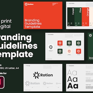 Op de afbeelding: Een branding richtlijnen sjabloon met een modern ontwerp. De lay-out bevat een kleurenpalet met bosgroen, den, oranje, bleek en sneeuw. De sjabloon bevat social media iconen, typografie voorbeelden en logo variaties. Formaten: 1920 x 1080, US Letter, A4.