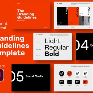 Puede incluir: Plantilla de directrices de marca con un esquema de color blanco y negro. La plantilla incluye secciones para tipografía, colores y redes sociales. El texto "Branding Guidelines Template" está en blanco sobre un fondo rojo. El texto "The print & digital" está en blanco sobre un fondo rojo. El texto "Available for Id" está en blanco sobre un fondo rojo. El texto "05 Social Media" está en blanco sobre un fondo negro. El texto "04 Typografía" está en blanco sobre un fondo negro. El texto "Light Regular Bold" está en negro sobre un fondo blanco. El texto "Black Orange White Steel Iron" está en negro sobre un fondo blanco. El texto "tf typefool" está en blanco sobre un fondo negro.