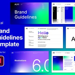 Pode incluir: Um modelo de guia de marca digital para Adobe Illustrator. O modelo apresenta um fundo degradê azul e verde com o texto "AUVI Brand Guidelines" e "Digital Brand Guidelines Template".