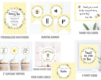 May include: A printable bee-themed party bundle with invitations, a bunting banner, cupcake toppers, favor tags, food labels, thank you cards, and party signs. The designs feature bees, floral wreaths, and honeycomb patterns.