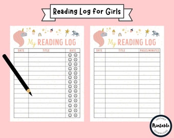 May include: Printable reading log with a unicorn theme. The log has sections for date, title, and rate. The rate section has a column of smiley faces.