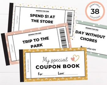 May include: A printable coupon book with 38 coupons. The coupons have a variety of themes, including spending money at the store, a trip to the park, and a day without chores. The book has a yellow, orange, and pink color scheme with a rainbow pattern.