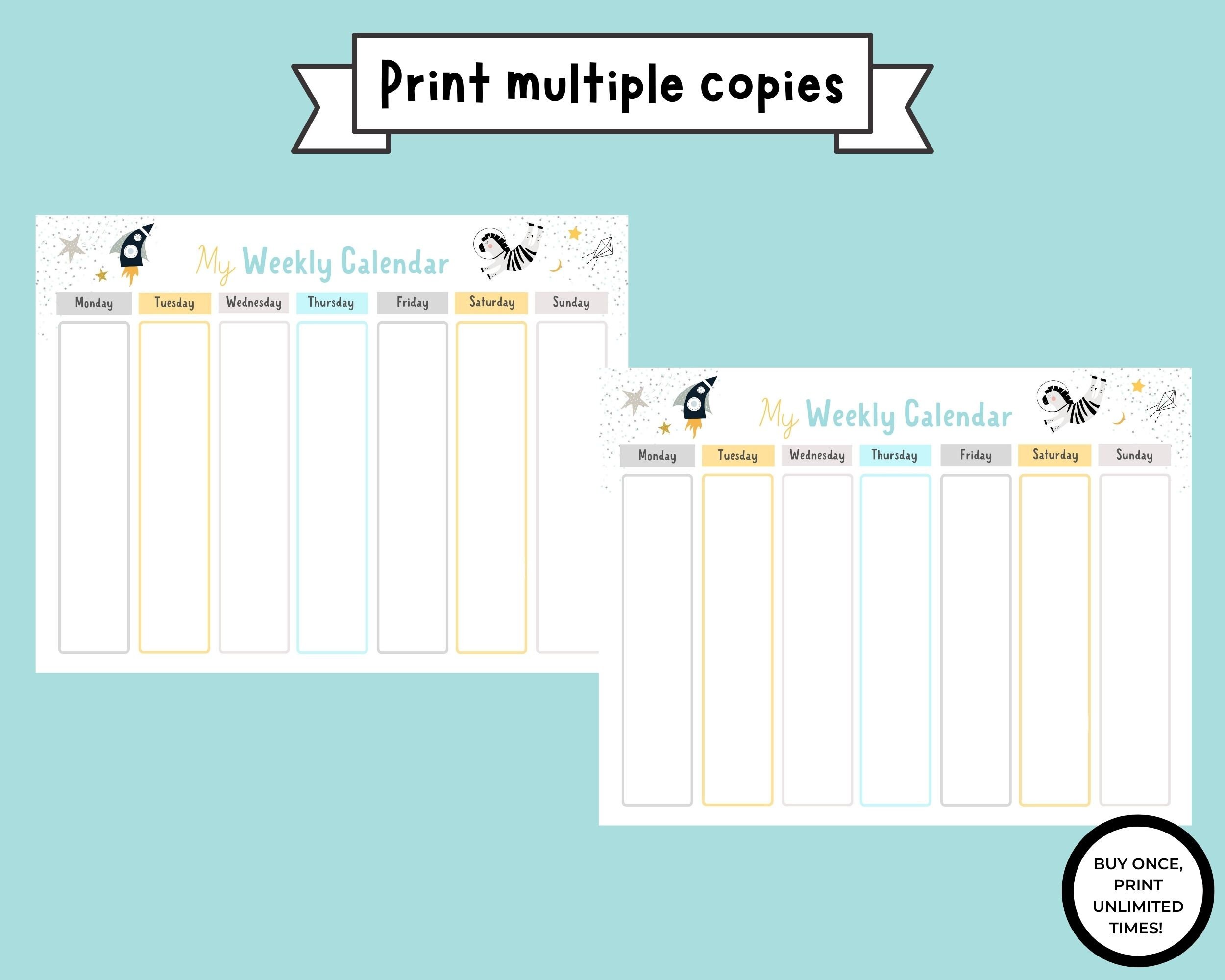 Weekly Calendar Printable for Kids, Weekly Planner, Week at a Glance ...