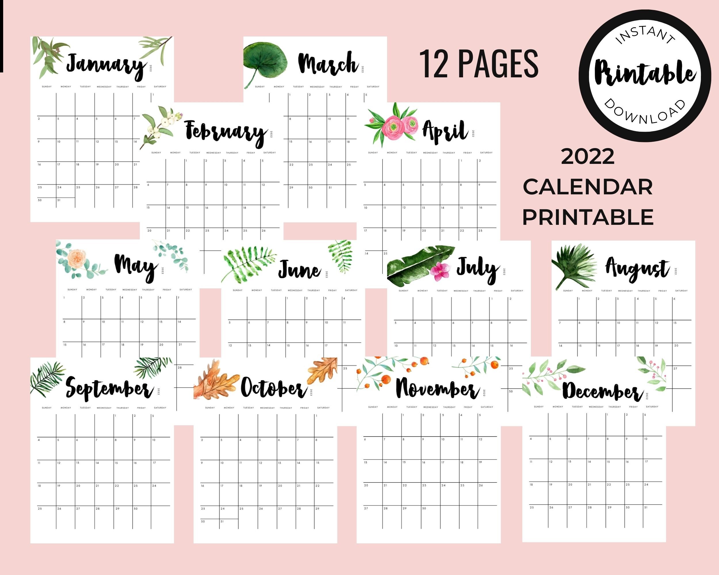 2022 Calendar Printable, Monthly Calendar, Calendar Template, Instant  Download, Watercolor, Modern, Botanical, Floral, Printable Calendar - Etsy
