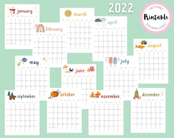 Calendario per bambini stampabile, Calendario mensile 2022, Calendari stampabili, Download istantaneo, Calendario scolastico in casa, Calendario 2022 stampabile, Pianificatore