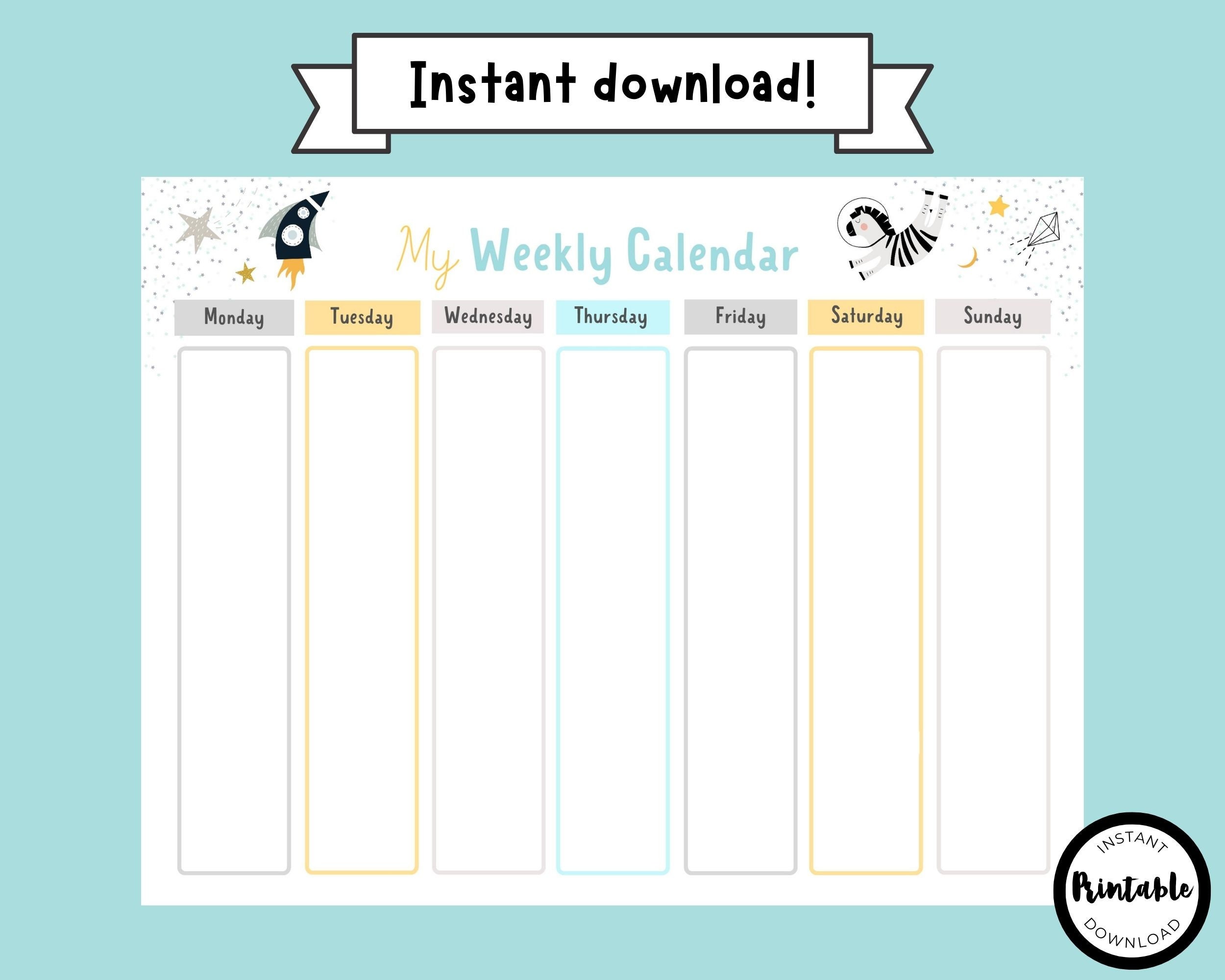 Weekly Calendar Printable for Kids, Weekly Planner, Week at a Glance ...