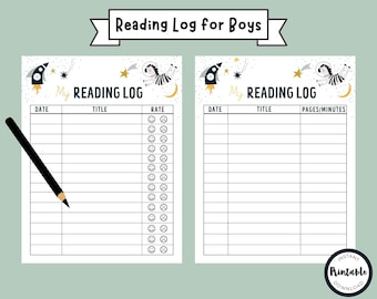May include: A printable reading log for boys with a space theme. The log has columns for date, title, rate, and pages/minutes. The design features a rocket, stars, and a zebra in a spacesuit.