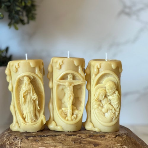 Beautiful Set of 3 Catholic Themed 100 Pure Beeswax Candles Etsy