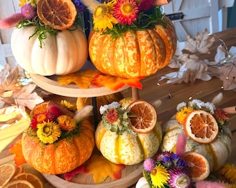 Flower Market Pumpkins - Dried Flowers, Citrus, Cinnamon - Centerpiece, Fall Table Decor - Thanksgiving Tablescape