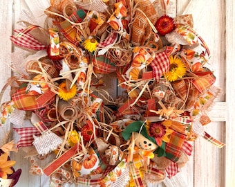 Fall Thanksgiving Front Door Wreath : Gingham, Burlap, Dried Flowers - Gifts For Her, Scarecrow
