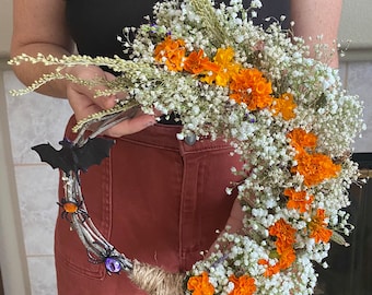 FRESH Fall Wreath : Marigolds, Rustic Branches, Bat + Jewel Spiders, Fall Decor - Gift For Her