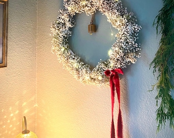 Cottage Christmas FRESH Wreath: Cloud Flower, Gold Bell, Red Velvet Bow - Gift For Her