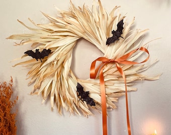 Fall Bat & Corn Wreath - Orange Bow, Front Door Wreath, Gift For Her - Autumn Decor