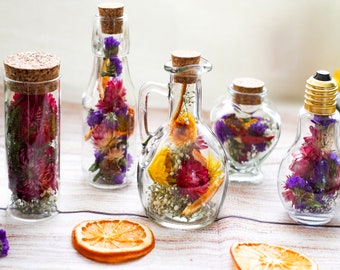 Dried Flower Apothecary Jars | Botanical Glass Vials | Mini Dried Wildflowers Jar | Home Decor I Cottage Core Decor | Birthday Gifts