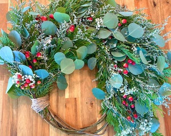 Pine & Berry FRESH Christmas Wreath - Rustic Branches : Front Door Wreath, Gift For Her Holiday