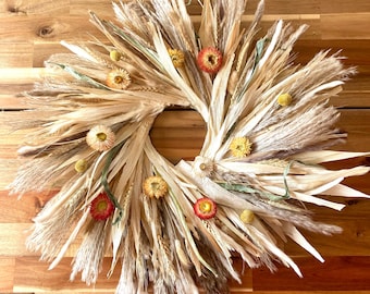 Fall Meadow Corn Wreath: Dried Flowers, Pampas, Wheat - Gift for Her, Front Door Wreath