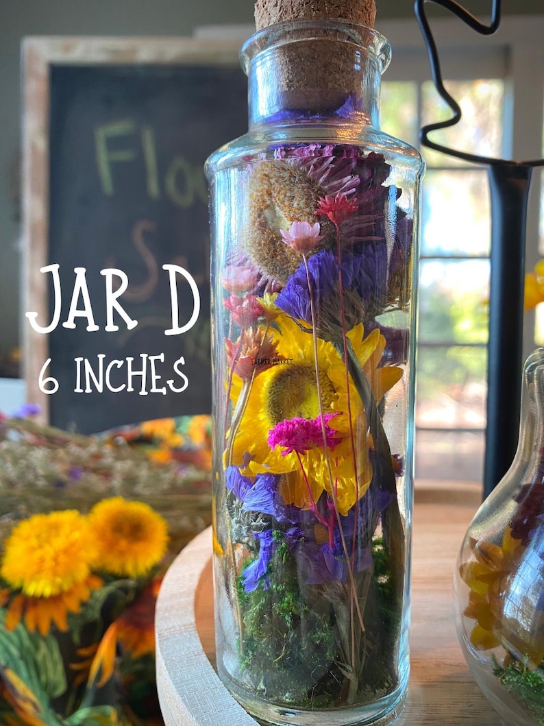 May include: A clear glass jar, approximately 15 cm tall, filled with dried flowers in shades of yellow, purple, pink, and green. The jar has a cork stopper. The text "JAR D" and "6 INCHES" are visible on the image.