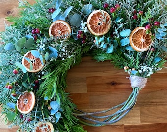 Cedar & Citrus FRESH Christmas Wreath: Rustic Branches, Front Door Wreath - Gift For Her Holiday