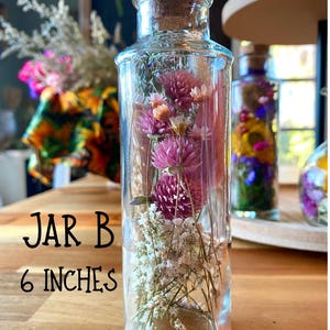 May include: A clear glass jar with a cork stopper, filled with dried pink and white flowers. The jar is labeled "JAR B" and is 15 cm tall. The jar is sitting on a wooden surface.