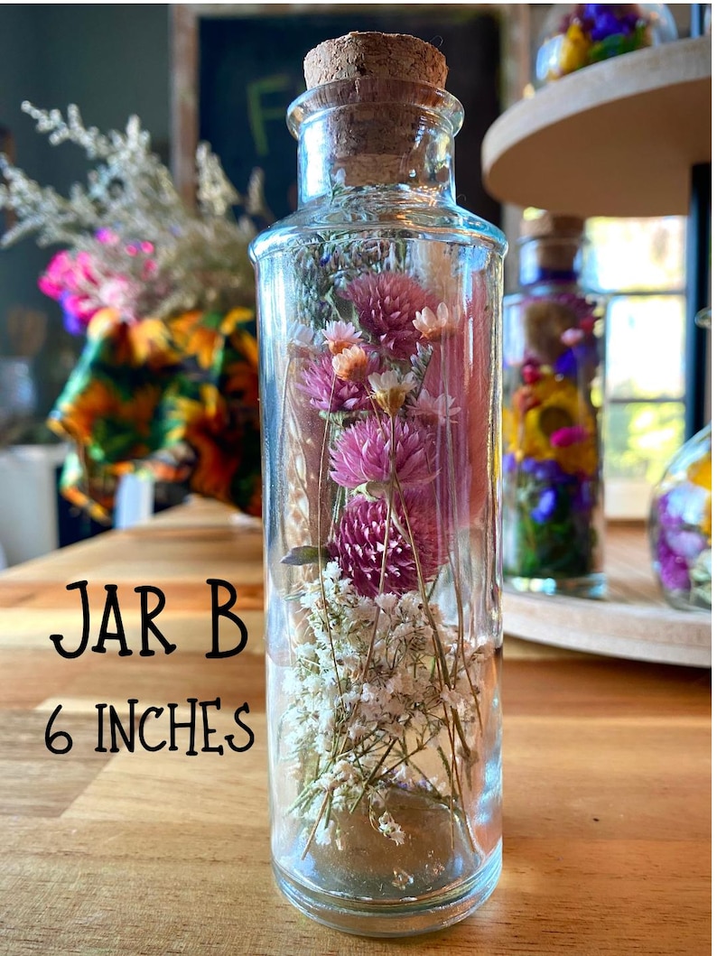May include: A clear glass jar with a cork stopper, filled with dried pink and white flowers. The jar is labeled "JAR B" and is 15 cm tall. The jar is sitting on a wooden surface.