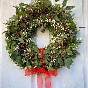 FRESH Evergreen Christmas Wreath, Red Bow I Front Door Wreath I Winter Greenery I Holiday Decor I Gift I Holiday Wreath I Cedar, Eucalyptus