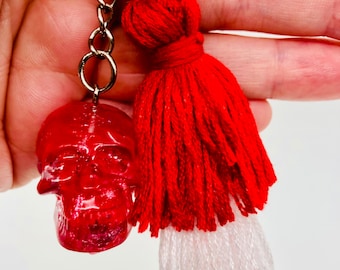Red Skull Resin Keychain with Pansy Pressed Flower and Tassel