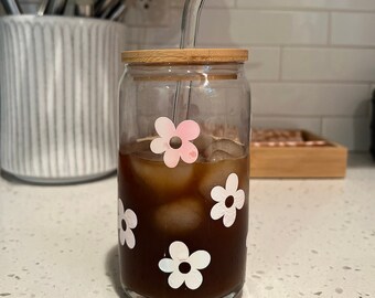 Pearl Iridescent Flower Beer Can Glass | Flower Iced Coffee Glass | Glass Can for Iced Coffee | Barware Gift | Gifts for Her