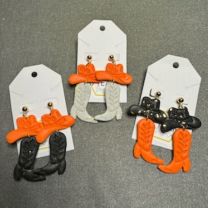 Cowboy Cowgirl hypoallergenic earrings, nickel-free clay earrings, KSU cowboy clay earrings, handcrafted clay earrings, KSU gameday earrings