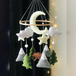 Bear Mobile,TeddyBear,Bear mobile for nursery,bear sleeping on the moon mobile,woodland mobile,moon mobile,leaf mobile,mountain baby mobile image 1