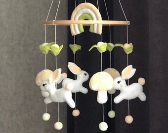 Bunny mobile,Mushroom Mobile,boho mobile,forest mobile,woodland mobile,rabbit mobile,minimalist,nursery decor,forest animals mobile,hare