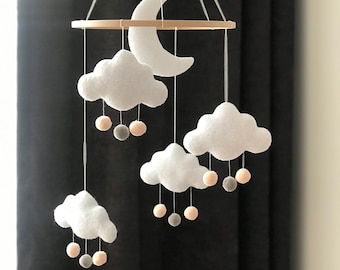 Personalized Baby mobile,clouds baby mobile,minimalist mobile,Neutral nursery,white baby mobile,boho mobile,snowy clouds mobile,starry sky