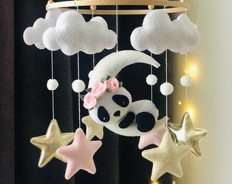 Baby mobile with sleeping Panda,Panda mobile for nursery decor,floral mobile,Starry night mobile,Neutral nursery,pink baby girl mobile