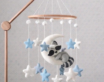 Handmade Felt Raccoon Baby Mobile: Woodland Nursery Decor, Calming Gift