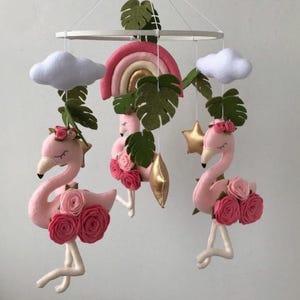 Flamingo Baby Mobile: Felt Nursery Decor with Hearts & Butterflies