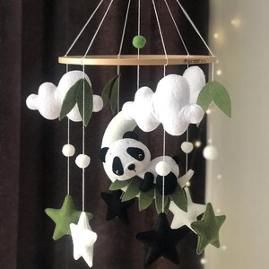 Baby mobile with sleeping Panda,Panda mobile for nursery decor,Panda sleeping on the moon mobile,Neutral nursery,Starry night baby mobile image 3