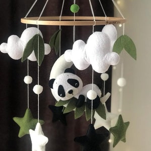 Baby mobile with sleeping Panda,Panda mobile for nursery decor,Panda sleeping on the moon mobile,Neutral nursery,Starry night baby mobile image 2