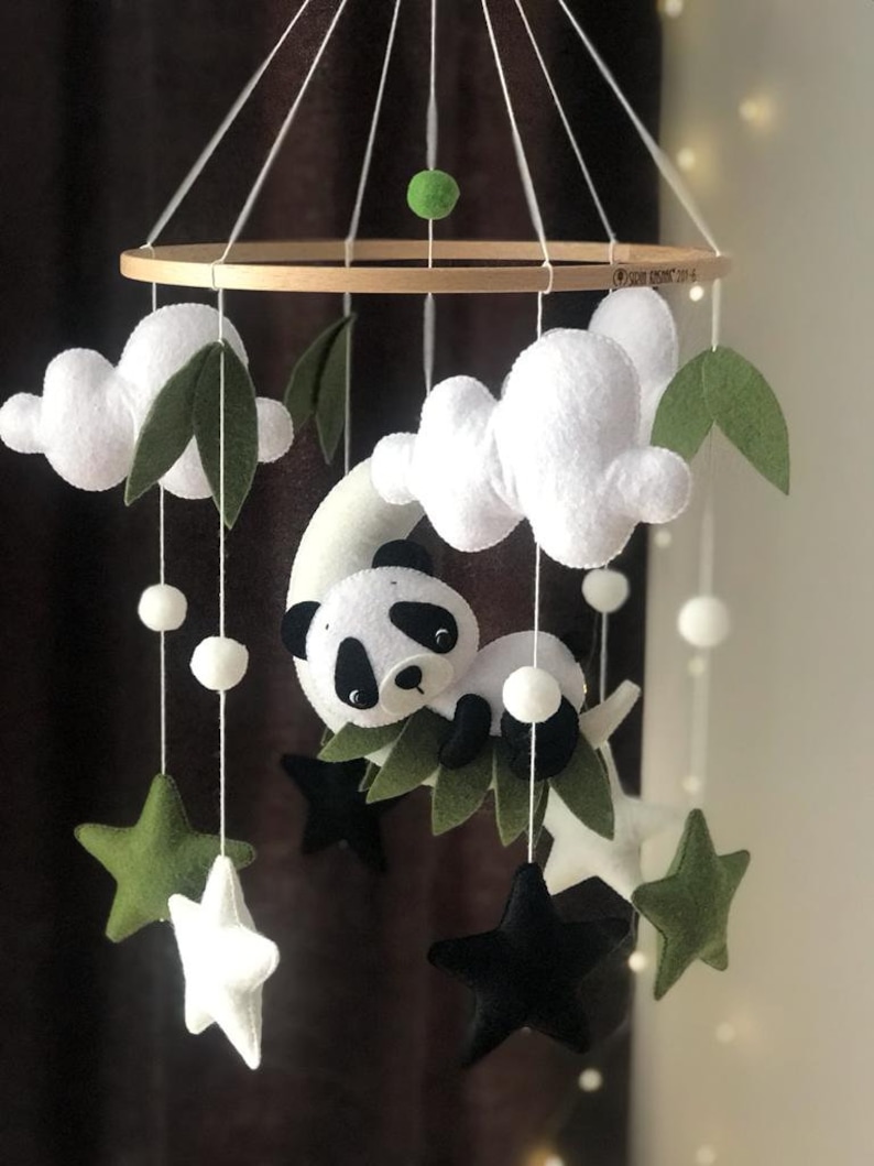 Baby mobile with sleeping Panda,Panda mobile for nursery decor,Panda sleeping on the moon mobile,Neutral nursery,Starry night baby mobile image 2